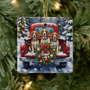 Springer Spaniel Christmas Red Truck Holiday Ceramic Ornament