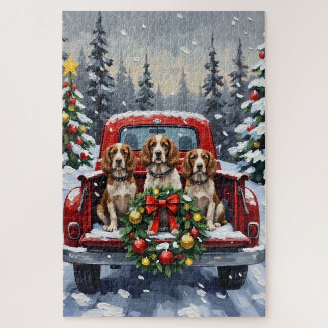 Springer Spaniel Christmas Red Truck Holiday Jigsaw Puzzle (Vertical)