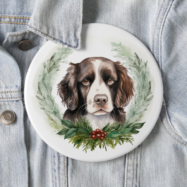 Springer spaniel Christmas Wreath Festive Pup 6 Cm Round Badge (In Situ)