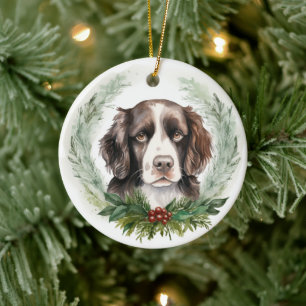 Springer spaniel Christmas Wreath Festive Pup Ceramic Tree Decoration
