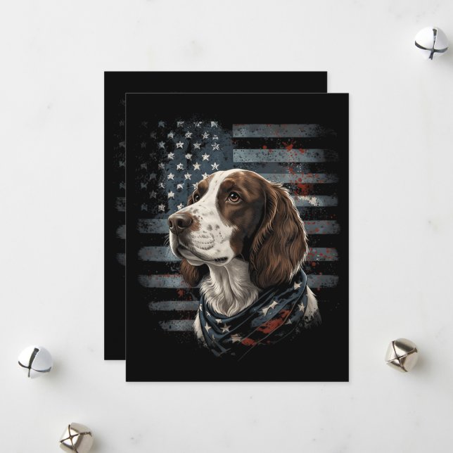 Springer Spaniel Dog American Flag Holiday Card (Front/Back In Situ)