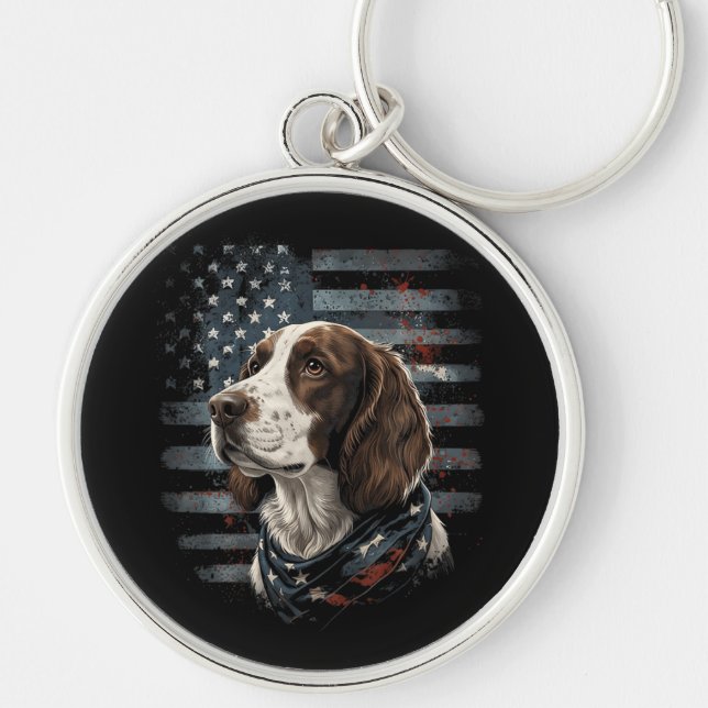 Springer Spaniel Dog American Flag Key Ring (Front)