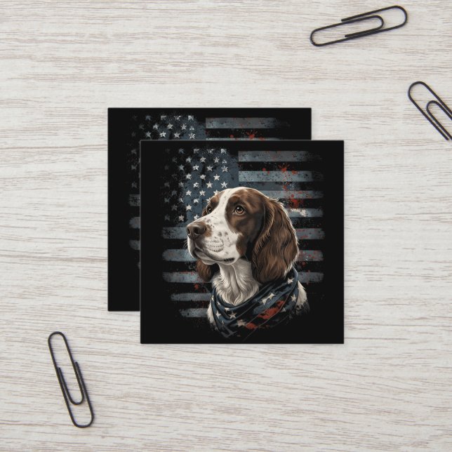 Springer Spaniel Dog American Flag Square Business Card (Front/Back In Situ)