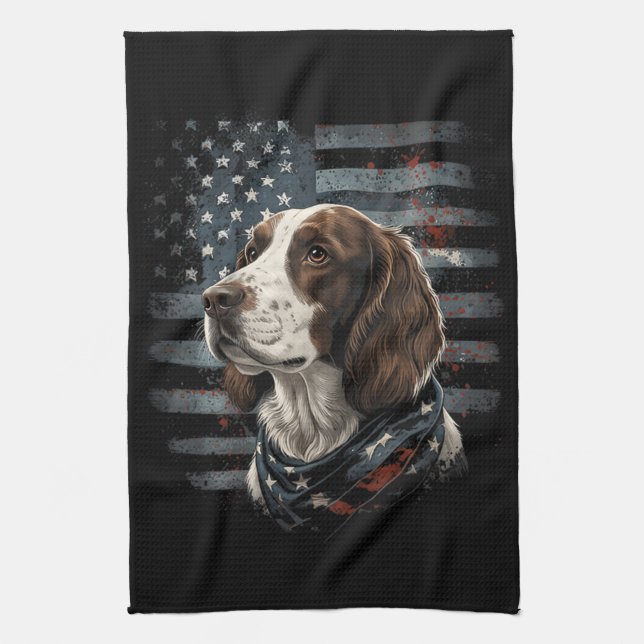 Springer Spaniel Dog American Flag Tea Towel (Vertical)