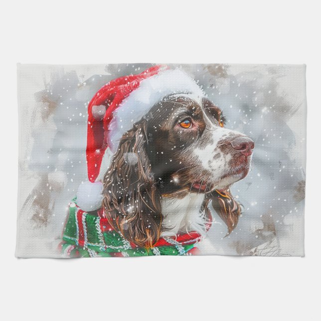 Springer Spaniel Dog Christmas Festive Tea Towel (Horizontal)