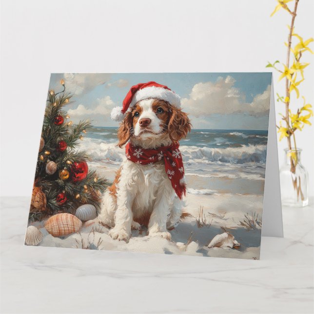 Springer Spaniel Dog Christmas Vintage Beach Card (Yellow Flower)