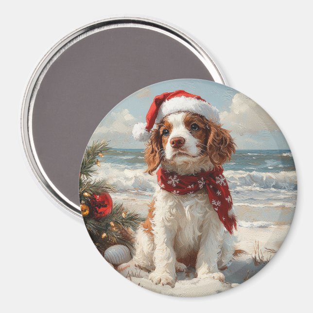 Springer Spaniel Dog Christmas Vintage Beach Magnet (Front/Back)