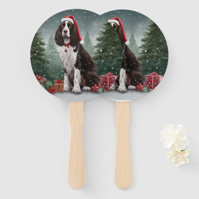 Springer Spaniel Dog in Snow Christmas Hand Fan (Front and Back)