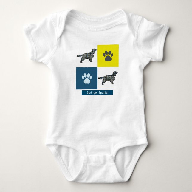 Springer Spaniel Dog & Paw Y&B Grid Square Baby Bodysuit (Front)