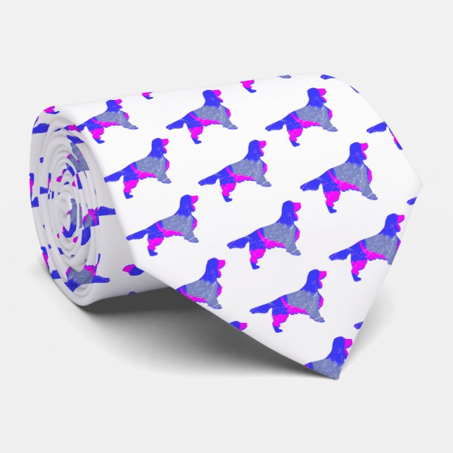 Springer Spaniel Dog Pink & Blue Cute White Neck Tie (Rolled)