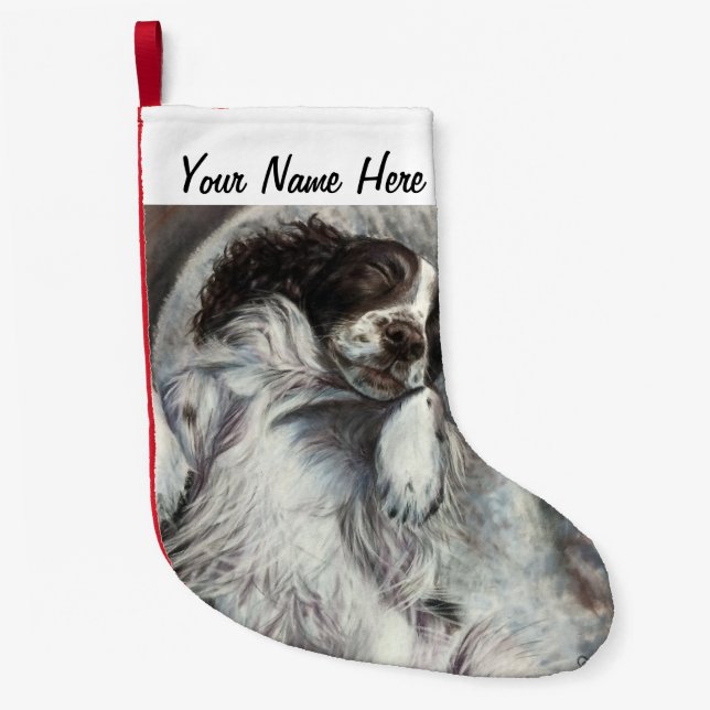 Springer Spaniel dog puppy sleeping in bed toy Small Christmas Stocking (Front)
