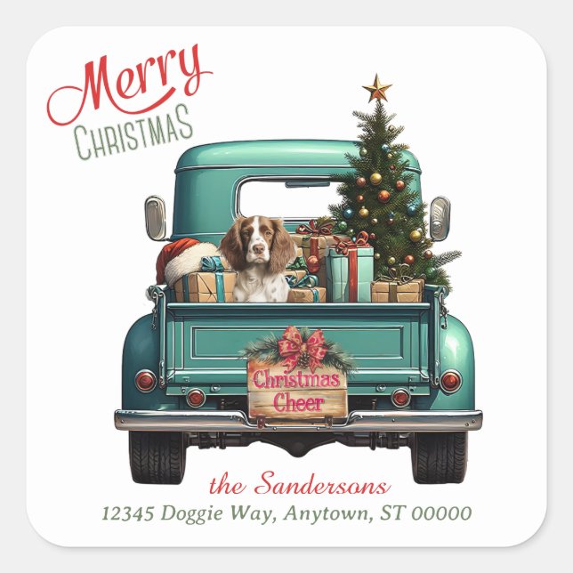 Springer Spaniel Dog Retro Truck Christmas Square Sticker (Front)