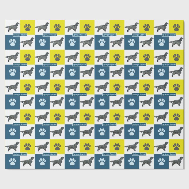 Springer Spaniel Dog Silhouette & Paw Y&B Grid Wrapping Paper (Seam)