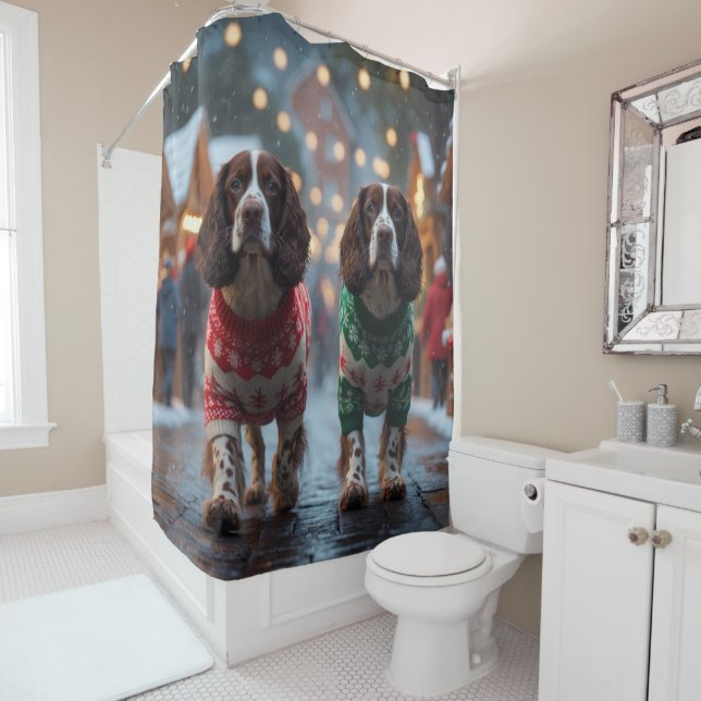 Springer Spaniel Dogs Christmas Snow Holiday Shower Curtain (In Situ)