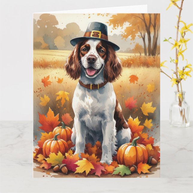 Springer Spaniel In Autumn Leaves Thanksgiving Art Card (Yellow Flower)