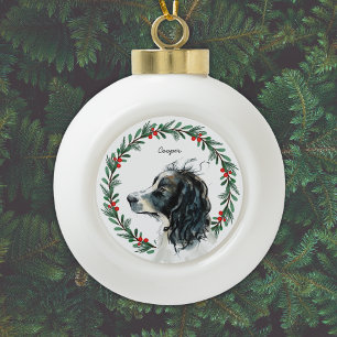 Springer Spaniel Monogram Name Holiday Wreath Ceramic Ball Christmas Ornament