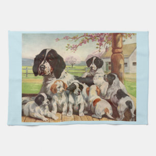 springer spaniel mum and puppies tea towel