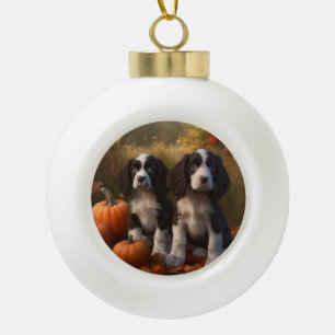 Springer Spaniel Puppy Autumn Delight Pumpkin  Ceramic Ball Christmas Ornament