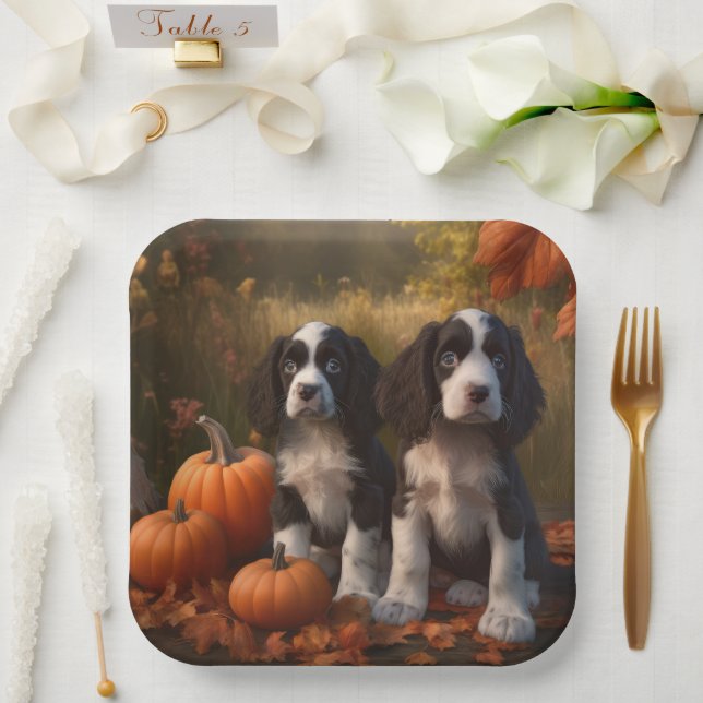 Springer Spaniel Puppy Autumn Delight Pumpkin  Paper Plate (Wedding)