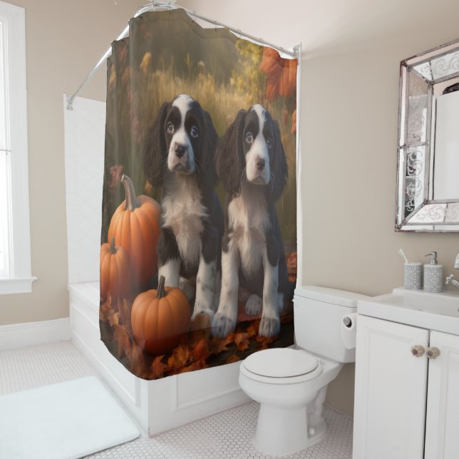 Springer Spaniel Puppy Autumn Delight Pumpkin  Shower Curtain (In Situ)