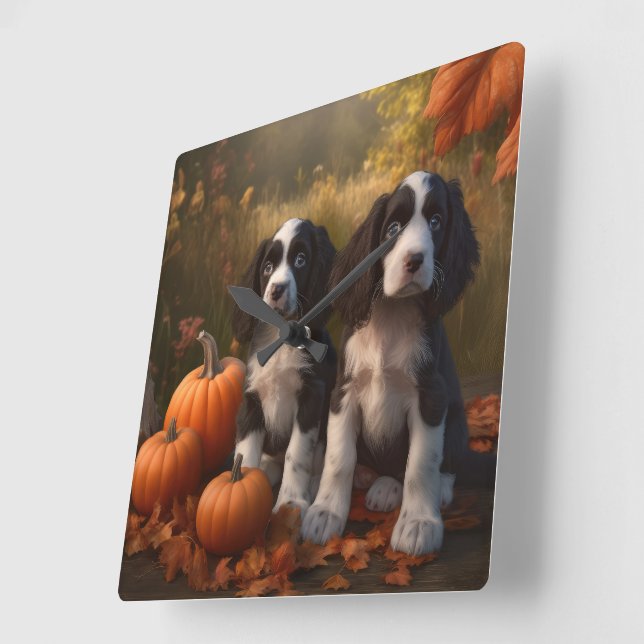 Springer Spaniel Puppy Autumn Delight Pumpkin  Square Wall Clock (Angle)