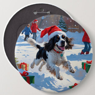Springer Spaniel Running Snow with Christmas Hat 6 Cm Round Badge
