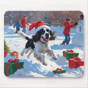 Springer Spaniel Running Snow with Christmas Hat Mouse Mat