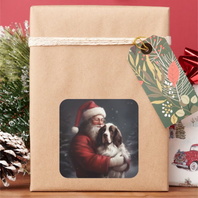 Springer Spaniel Santa Claus Festive Christmas Square Sticker (Holiday)