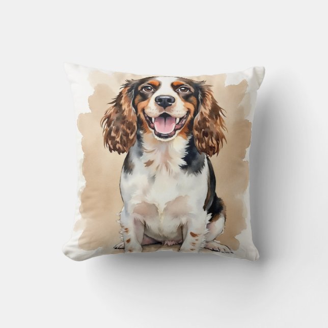 Springer Spaniel Watercolor Paint Drip Art Cushion (Front)