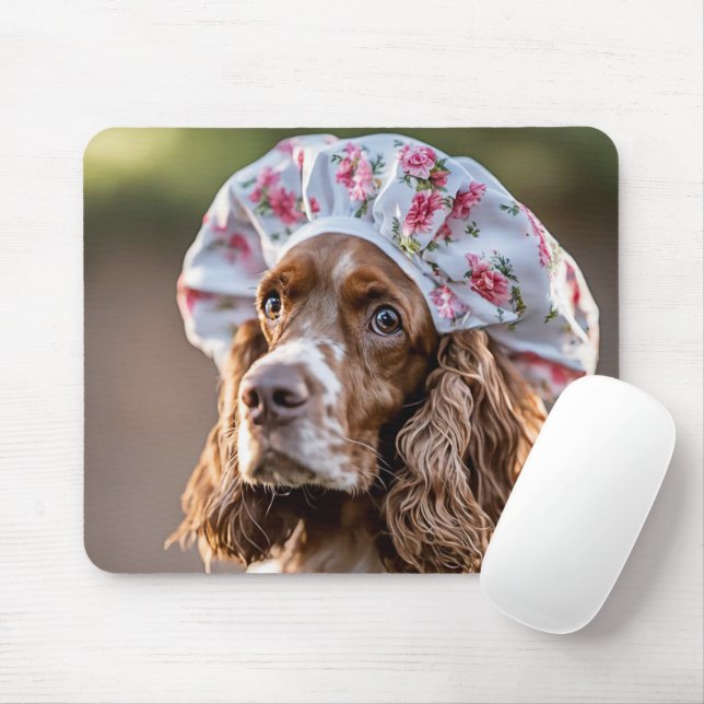 Springer Spaniel Wearing a Shower Cap  Mouse Mat (With Mouse)