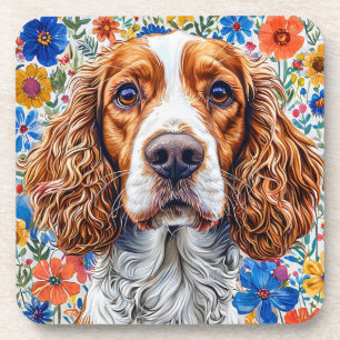 Springer Spaniel With Colourful Floral Background Coaster