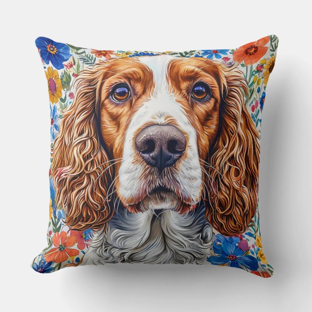 Springer Spaniel With Colourful Floral Background Cushion (Front)