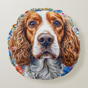 Springer Spaniel With Colourful Floral Background Round Cushion