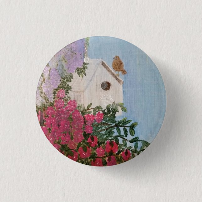 Springtime Birdhouse Pin Button (Front)