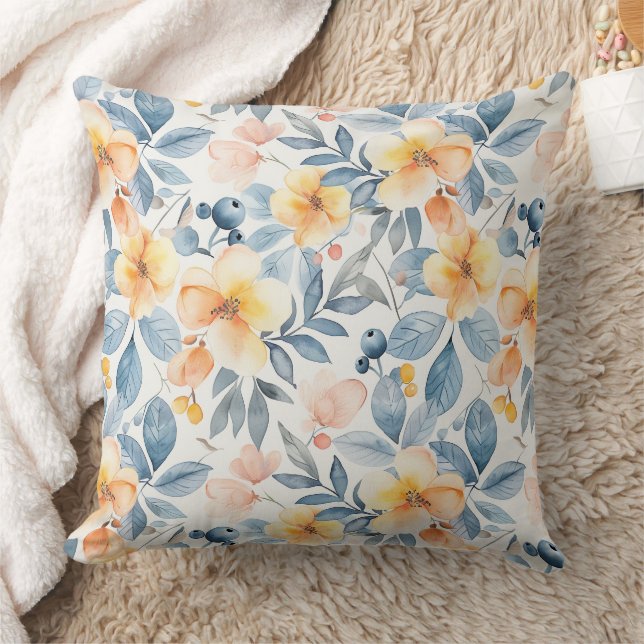 Springtime Blues and Blooms Throw Pillow (Blanket)