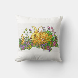 Springtime Bunnies in a Field of Flowers Cushion