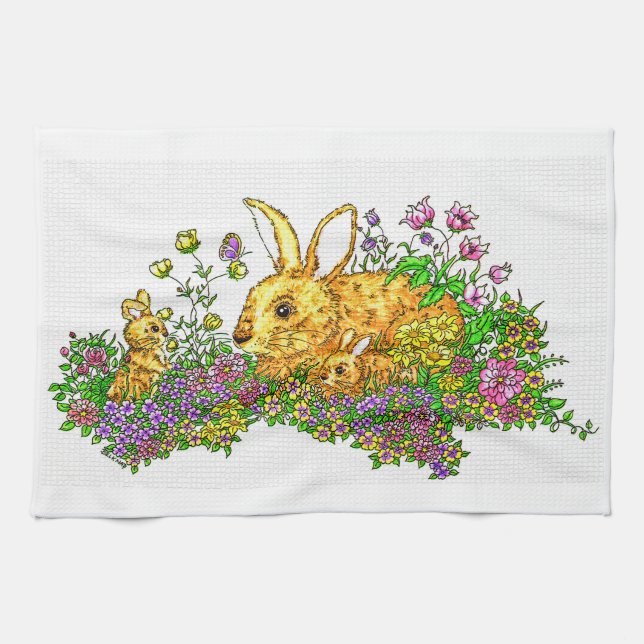 Springtime Bunnies in a Field of Flowers  Tea Towel (Horizontal)