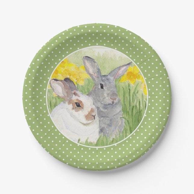 Springtime Bunnies in Flowers Paper Plate (Front)