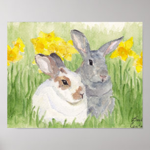 Springtime Bunnies in Flowers Poster