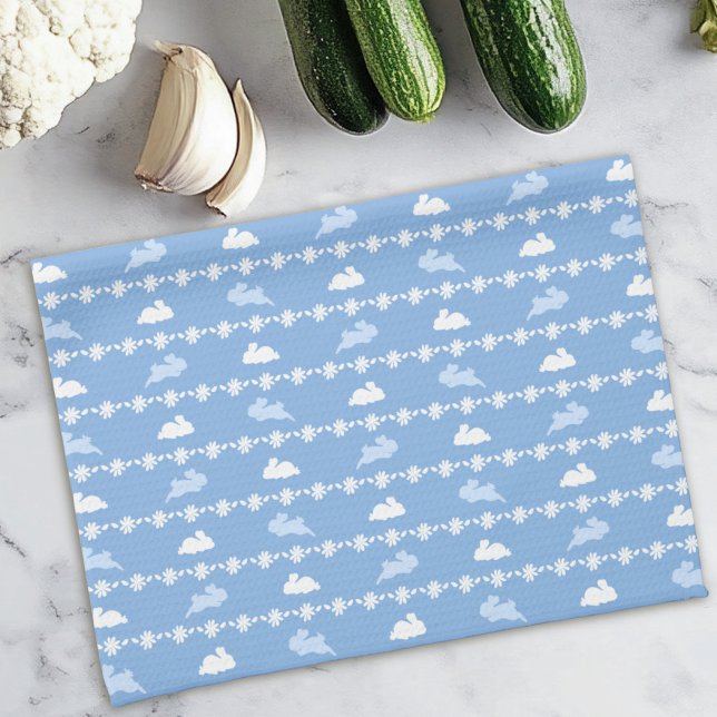 Springtime Bunny Daisies Cute Pattern White Blue  Tea Towel (Creator Uploaded)