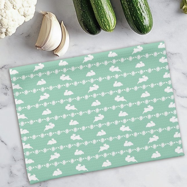 Springtime Bunny Daisies Cute Pattern White Green Tea Towel (Creator Uploaded)