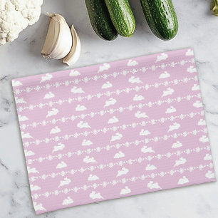 Springtime Bunny Daisies Cute Pattern White Pink Tea Towel