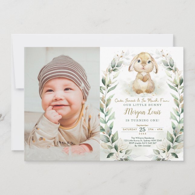 Springtime Bunny Easter Rabbit 1st Birthday Photo Invitation (Front)