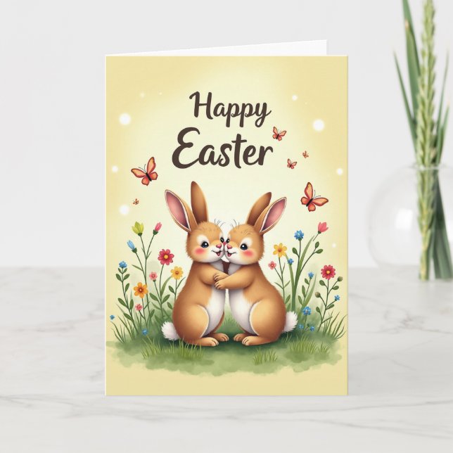 Springtime Bunny Hugs Greeting Card (Front)