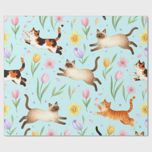 Springtime Cat Parade – Leaping Felines & Blossoms Wrapping Paper
