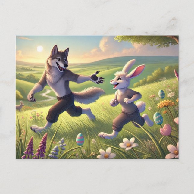 Springtime Chase – Playful Wolf and Rabbit Easter  Holiday Postcard (Front)