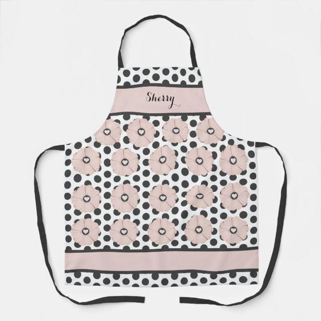 Springtime Cheery Pink Floral Polka Dot Apron (Front)