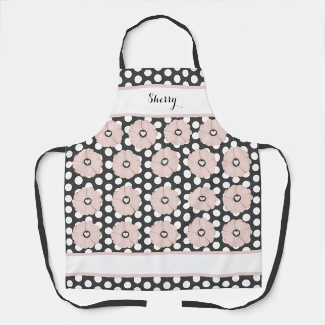Springtime Cheery Pink Floral Polka Dot Apron (Front)