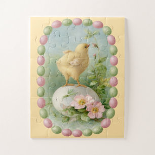 Springtime Chick with Pastel Egg Border Jigsaw Puzzle