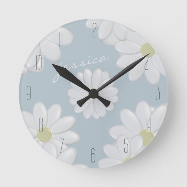Springtime Daisies Blue Modern Floral Daisy Clock (Front)